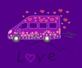 Hippie van on a purple background. House on wheels. Vector